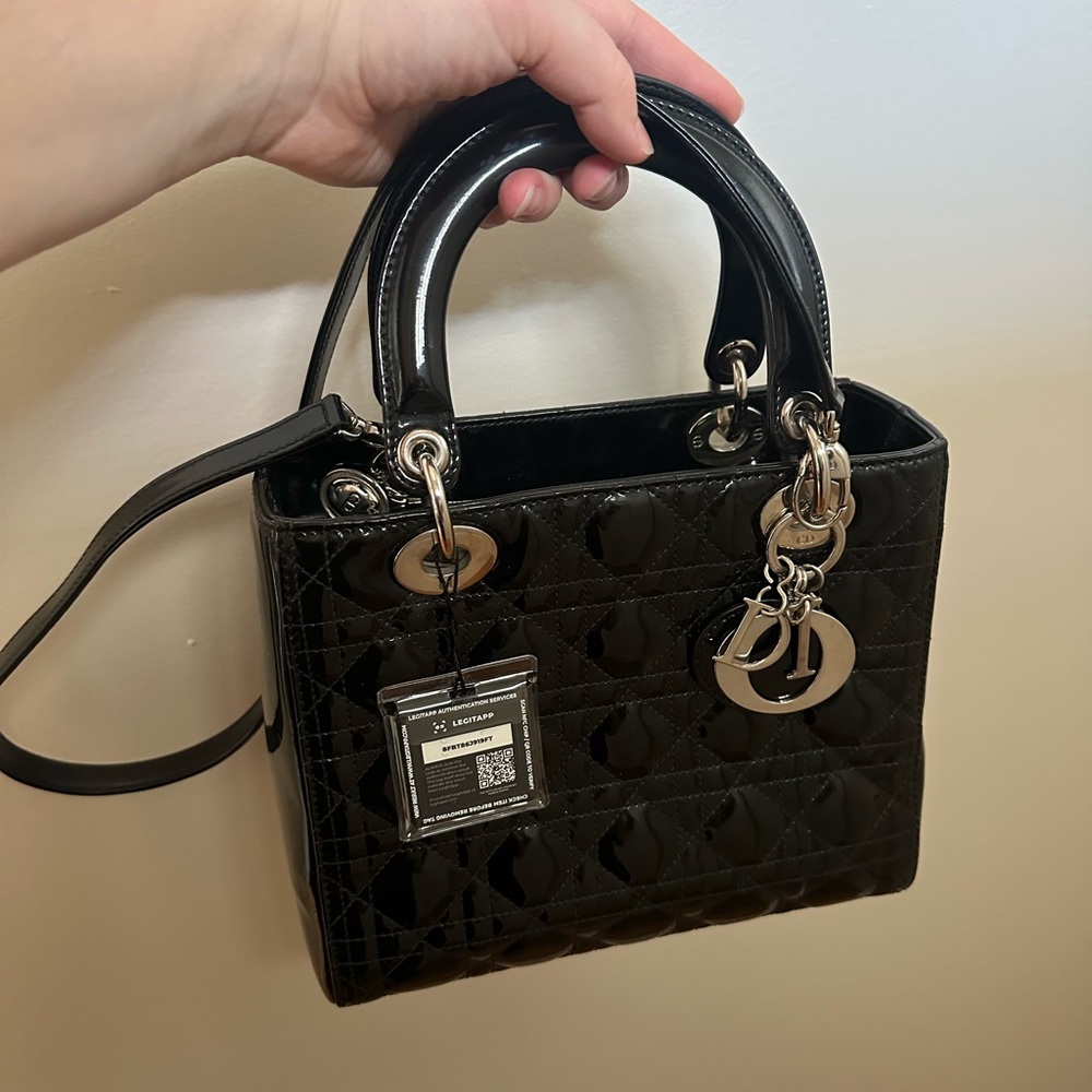 Dior Lady Dior Medium - Black Patent Quilted Top-Handle Bag with Hardware Charm